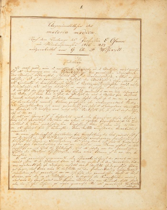 Wissrott, G. Ch. Fr. Arzneimittellehre oder materia medica. Nach dem Vortrage des Professor E. Osann im Wintersemester 1826/27. Vorlesungsmitschrift in deutscher Kurrent. (Berlin, 1826/27).