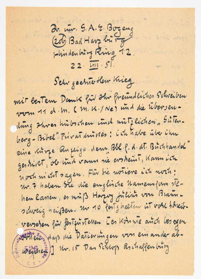 BOGENG, G. A. E. (Tilsit 1881 - 1960 Bad Harzburg). 
Jurist und Büchersammler.

Zwei eigenhändige Briefe mit Unterschrift vom 22. Juli 1951 und 14. September 1951; jeweils 3 bis 4 Seiten an den Wiener Verleger W. Krieg. Begleitschreiben zu zwei mitgeschickten hs. Manuskripten. 22 SS. und 19 SS. Text.