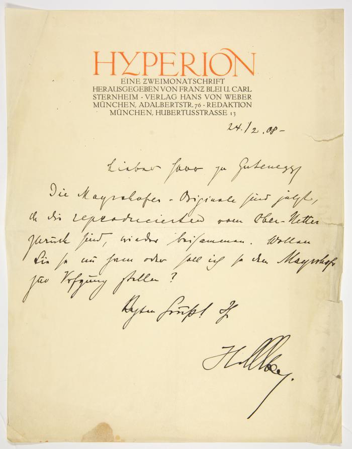 WEBER, HANS VON (Dresden 1872 - 1924 München). 
Verleger. 

Zwei eigenhändige Briefe mit Unterschrift an den österreichischen Künstler Otto Maria Miethke-Gutenegg (1881-1922) vom 24. Februar und 4. September 1908. Der erste Brief halbseitig; der zweite beidseitig beschrieben.