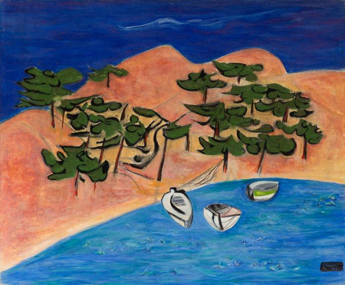 Südliche Küstenlandschaft mit Booten