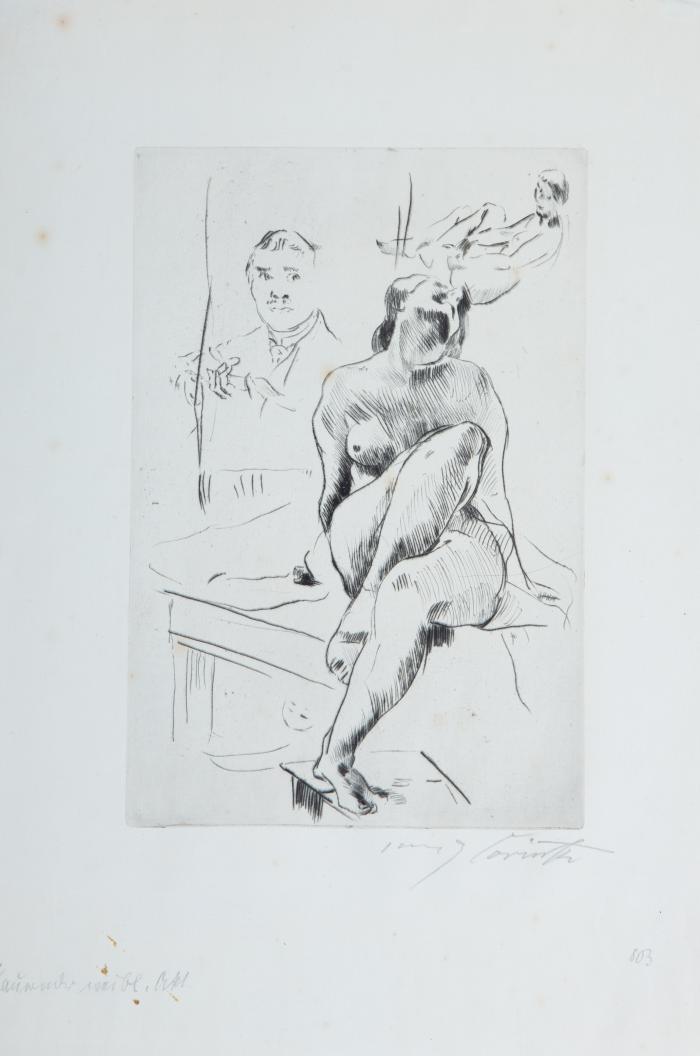 Auf einem Tische kauernder weiblicher Akt 1913 / Krönung Heinrichs V. 1919 / Baum am Walchensee 1923 / Drei Personen am Tisch bei Lampenschein