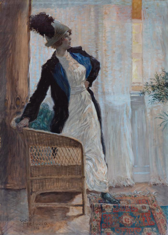 Interieurszene mit stehender Frau am Fenster
