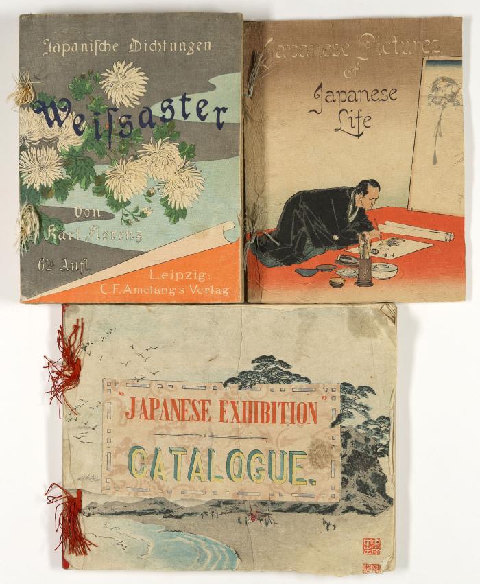 Japanische Blockbücher auf Krepppapier:
1) Japanese pictures of Japanese life. Tokio: Hasegawa o. J. (um 1900). 19,5 x 15 cm. Mit zahlr. farb.  Illustr. Farbig Illustr. OrUmschl. 
2) Japanische Dichtungen. Weissaster. Ein romantisches Epos. Frei nachgebildet von Karl Florenz. 6. Aufl. Leipzig: Amelang und Tokio: Hasegawa o. J. (um 1910). 19,2 x 15 cm. Mit zahlr. farb. Illustr. Farbig illustr. OrUmschl. 
3) Japanese Exhibition. Catalogue. O. O., Dr. u. J. (um 1900). 18 x 22,5 cm. Mit zahlr. Illustr. Farbig illustr. OrUmschl.