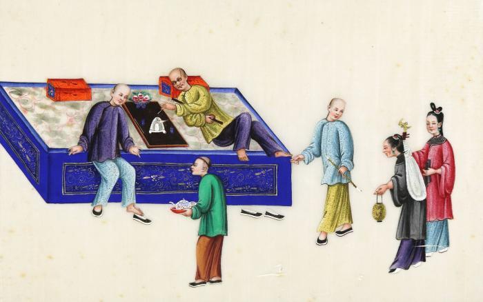 China. - Chine. Sammlung von 12 montierten farbigen Illustrationen auf Reispapier (Bildgrößen 22 x 33 cm auf 33,2 x 47,4 cm.)