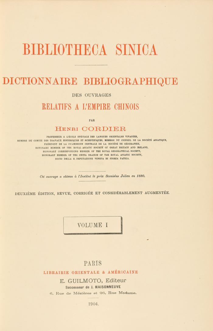 Cordier, Henri: Bibliotheca Sinica. Dictionnaire bibliographique des ouvrages relatifs a L'Empire Chinois. Deuxième éd., rev., corr. et augm. 5 Bde in 3.