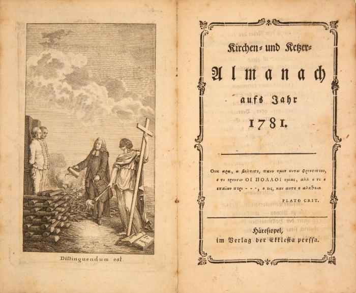 (Bahrdt, Karl Friedrich): Kirchen- und Ketzer-Almanach aufs Jahr 1781 / Kirchen und Ketzer-Almanach, zweytes Quinquennium ausgefertiget im Jahr 1787. 2 Bde. Häresiopel, im Verlag der Ekklesia pressa [d. i. Züllichau:  Frommann 1780] + Gibeon: Kasimir Lauge [d. i. Berlin: Vieweg 1786]. 16,3 x 9,6 cm und 17,5 x 10,5 cm. Mit 2 gest. Front. 15 Bll., 247 SS., 1 nn. S.; 15 Bll., 240 SS. Unterschiedliche Pp.