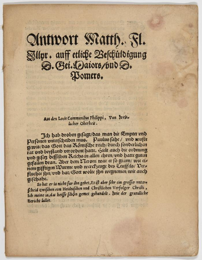 Flacius, Matthias: Antwortt Matth. Fl. Jllyr. auff etliche Beschuldigung D. Gei. Maiors und D. Pomers.