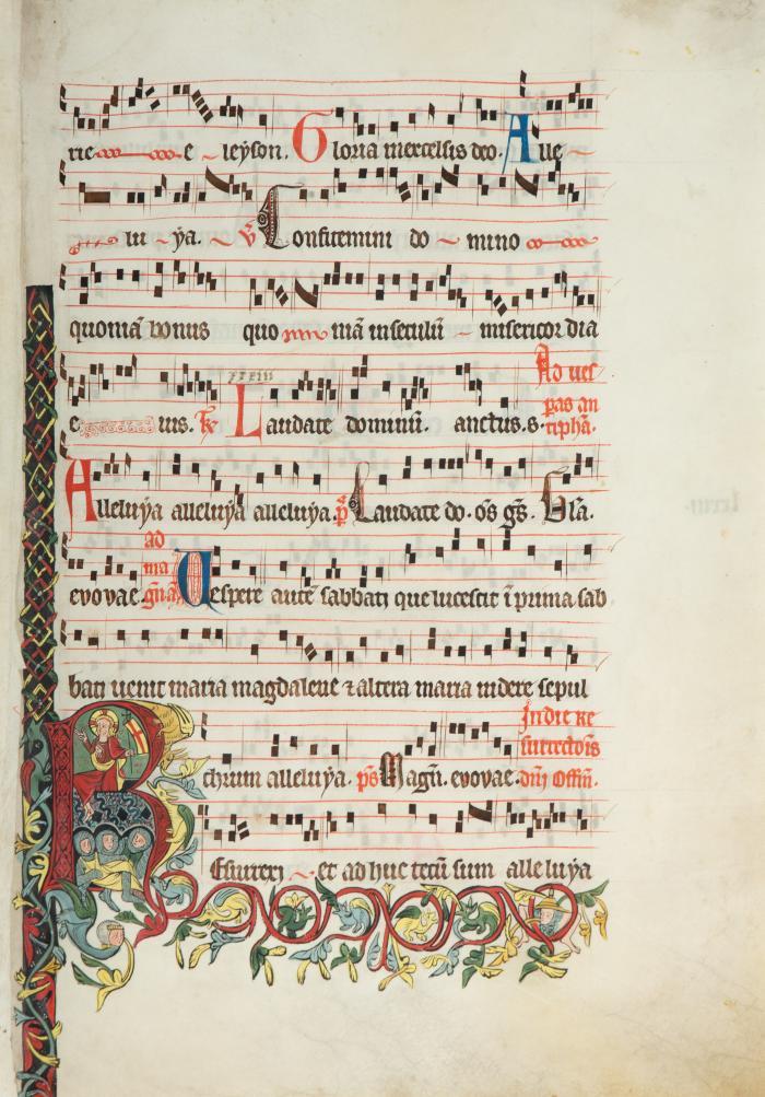 Antiphonar. - Einzelblatt aus einem Antiphonar mit großer historisierter Initiale „R“ und Randschmuck. (Oberrhein), erste Hälfte des 14. Jahrhunderts.