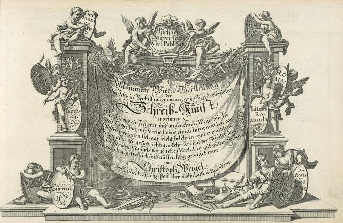 Bauernfeind, Michael: Vollkommen wiederhergestellte gründliche und zierliche Schön=Schreibe=Kunst nach richtigen Grundsätzen und Regeln aufrichtig erklärt. Neue Auflage.