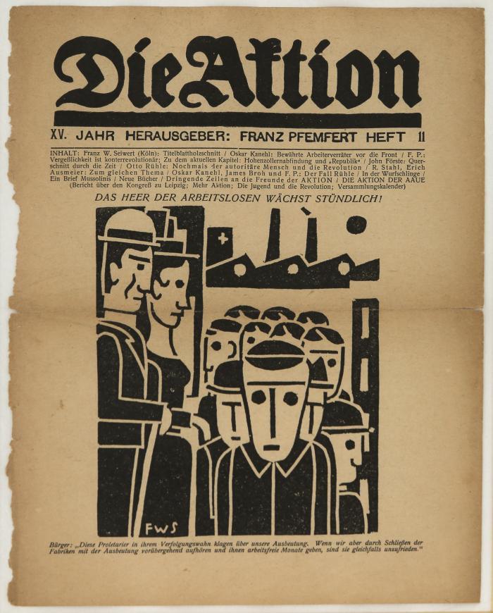 DIE AKTION - 4 Titelblätter mit graphischen Motiven: Zwei Proleten / Bürger und Arbeitslose (Feierabend) / Alle Macht den Räten / Spartakusbund