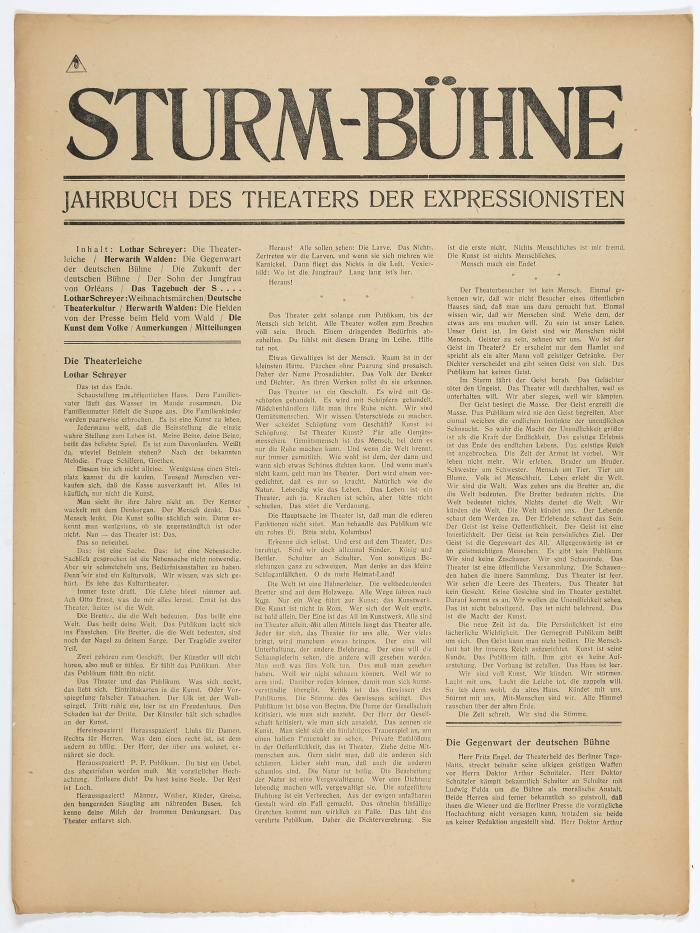 Sturmbühne. Jahrbuch des Theaters der Expressionisten. Issues 1–8 in 7 booklets (2 issues published as a double); 9 booklets in total. Edited by Herwarth Walden.