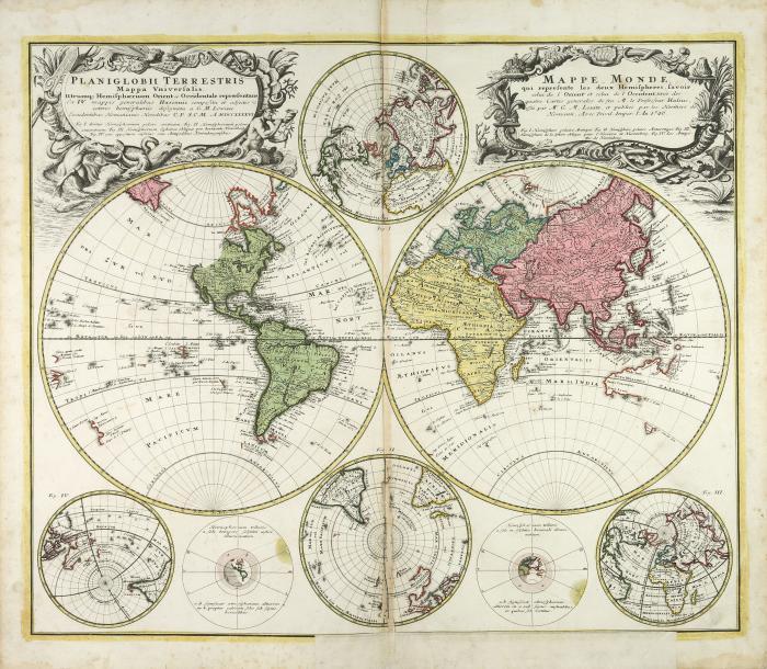Welt und Kontinente. – Konvolut von 5 grenz- und flächenkolorierten Kupferstichkarten von J. M. Hase u.a., erschienen in Nürnberg bei J. B. Homann und Erben.