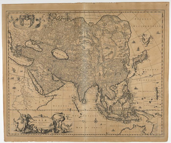 Afrika/ Amerika/ Asien/ Großbritannien. – Konvolut von 4 Kupferstichkarten, erschienen bei N. Visscher in Amsterdam. Jeweils ca. 47,5 x 56,5 cm.