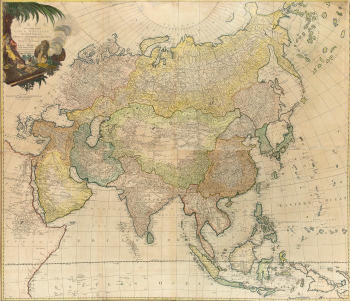 Asien. – Asia, According to the Sieur D’Anville, Divided into its Empires, Kingdoms & States, Showing the European Settlements in the East Indies, with the Addition of all the New Discoveries, made by the Russians, the Dutch and the English.