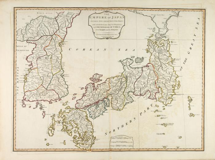 Japan und Korea. – The Empire of Japan. Divided into Seven Principal Parts and Subdivided into Sixty Six Kingdoms; with the Kingdom of Corea, from Kempfer and the Portuguese. Karte nach Engelbert Kempfer.