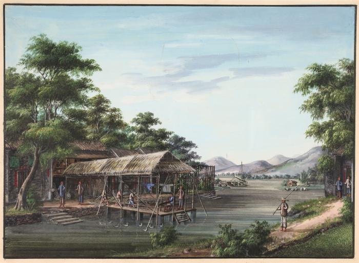 China. – Landschaften am Fluss mit Bauern und Fischern.