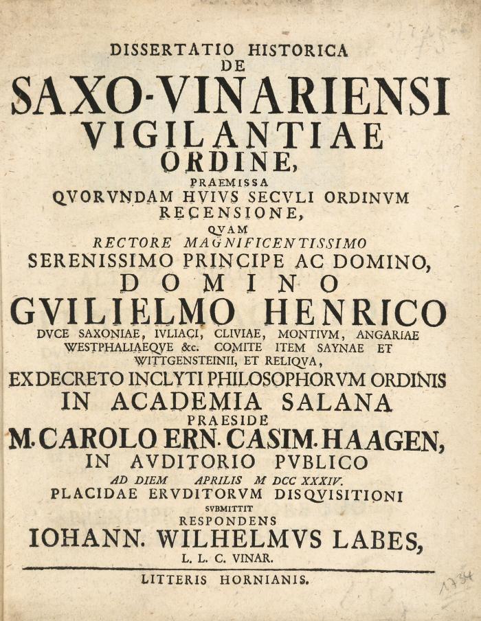Verdienst- und Hausorden. - Labes, Johann Wilhelm: Dissertatio historica de Saxo-Vinariensi vigilantiae ordine.