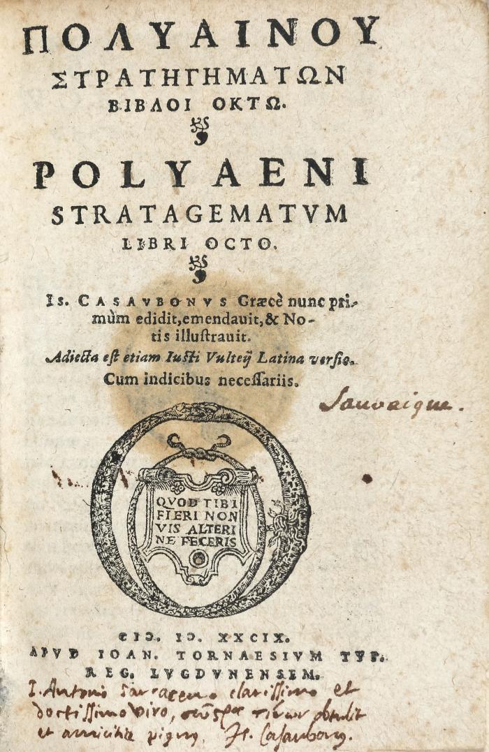 Polyainos (von Makedonien): Stratagematum, libri octo (Graece/Latine). I. Casaubonius ed.