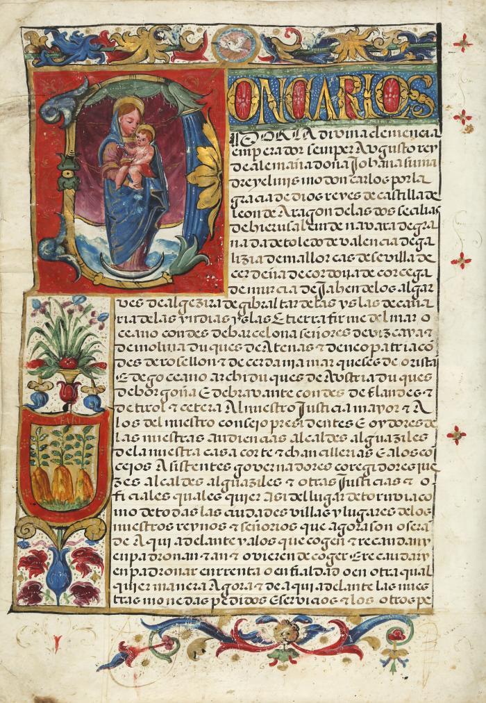 Carta executoria. Adelsbrief zur Nobilitierung des Hernando Falciore aus Torrubia. Spanische Urkunde auf Pergament. Granada, 14. Mai 1552. 310 x 220 mm. 33 Bll. Schriftspiegel: 235 x 140 mm, durchgehend regliert. 36 Zeilen in gleichmäßiger Rotunda in schwarzer Tinte von einer einheitlichen Kanzleihand. Im Unterrand kalligraphisch ornamentiert. Pergamentumschlag. Kordelheftung. Mit dem originalen Bleisiegel.