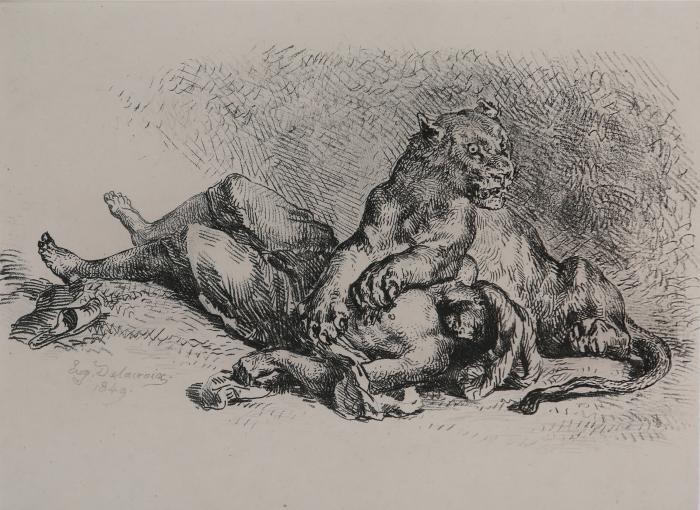 Lionne Déchirant la Poitrine d'un Arabe