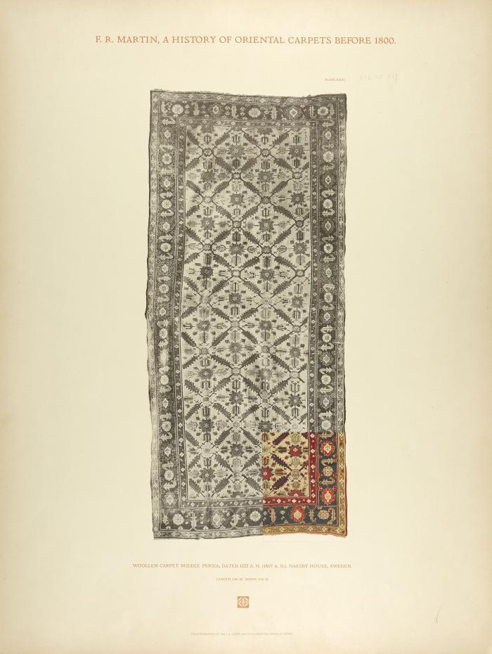 Martin, F.R.: A history of oriental carpets before 1800. Reproduced and printed by the printing office of the Imperial Royal Austrian Court  and State in Vienna. 3 Bde.
